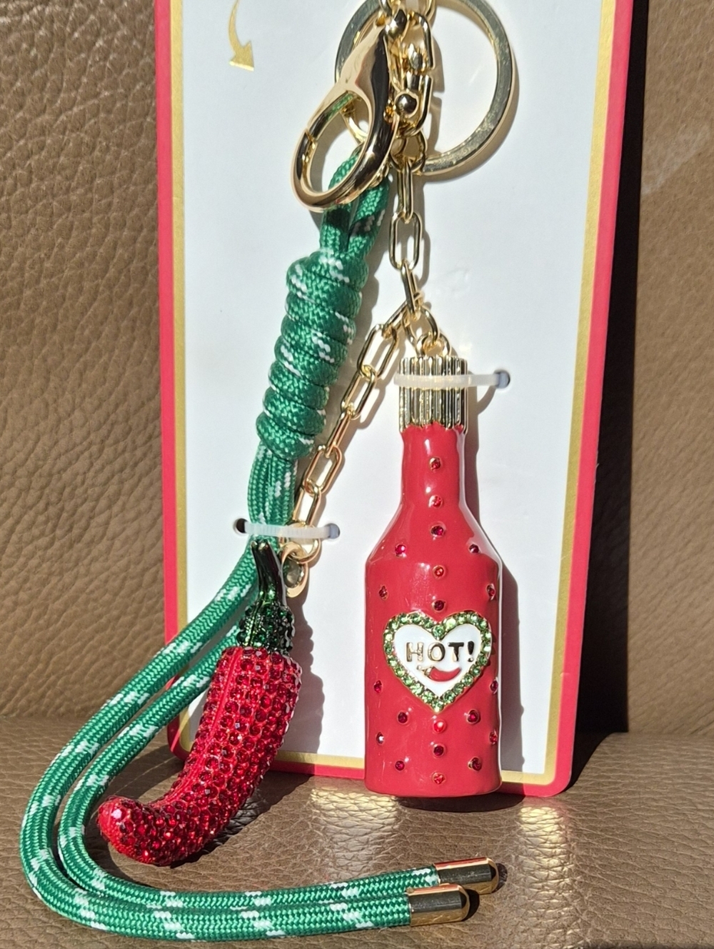 🔥Red Hot Sauce Bottle Bag Charm/Key Chain with Green Tassel